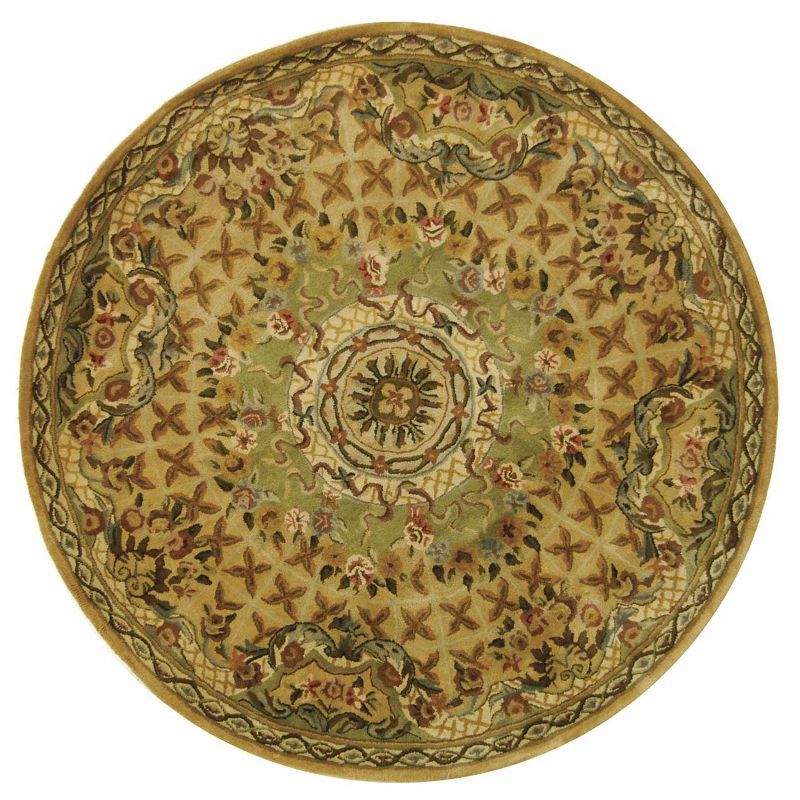 Taupe and Light Green Hand-Tufted Wool Round Rug