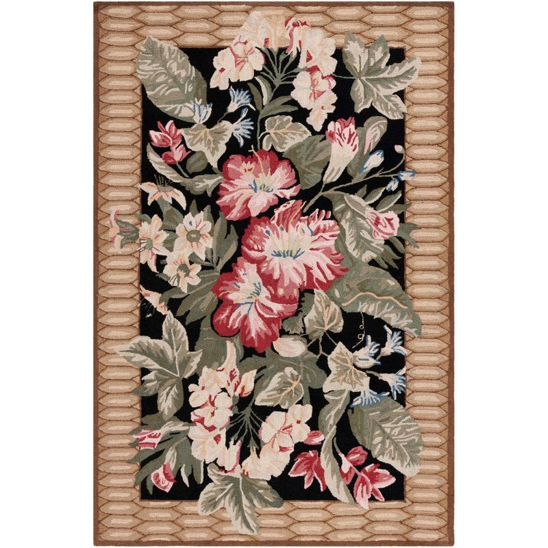 Handmade Black Floral Wool Rectangular Area Rug