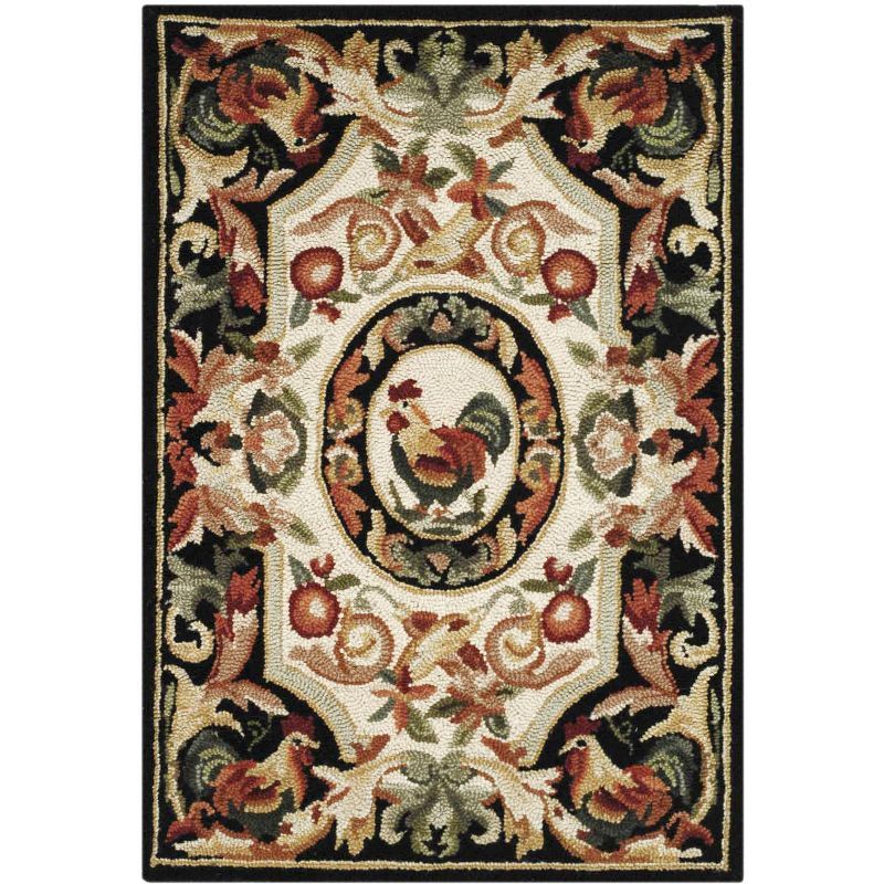 Ivory and Black Hand-Knotted Floral Wool Area Rug