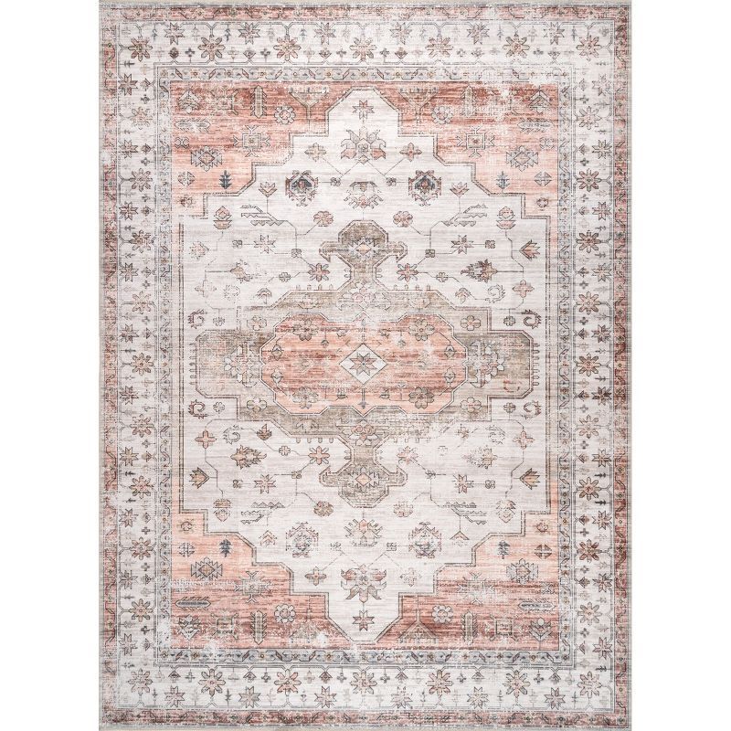 Beige Vintage Medallion Machine Washable Area Rug