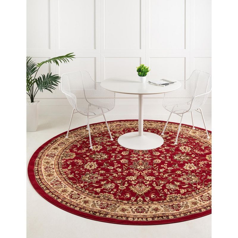 Burgundy and Ivory Round Synthetic Floral Area Rug