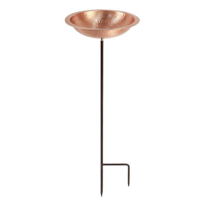 Hammered Solid Copper Birdbath with Wrought Iron Stake