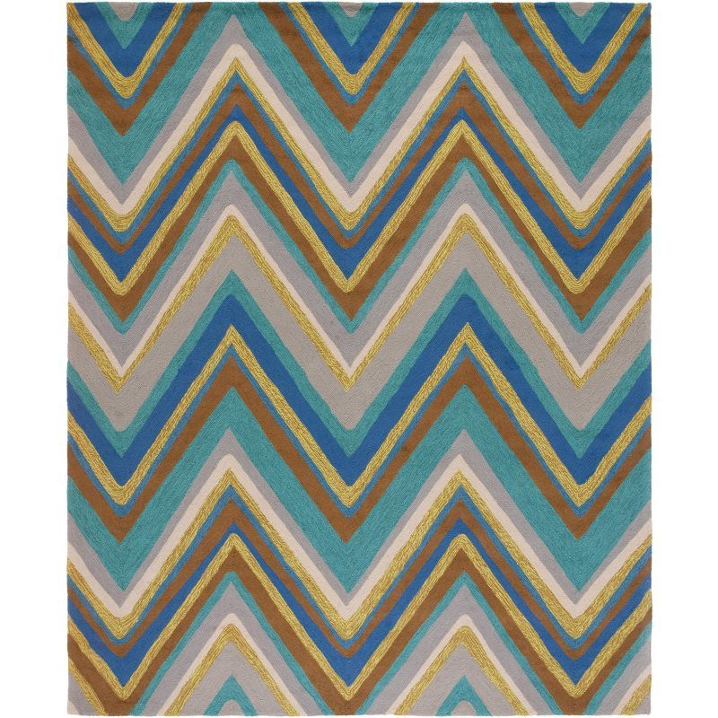 Blue and Multicolor Chevron Hand-Knotted Synthetic Area Rug, 8' x 10'