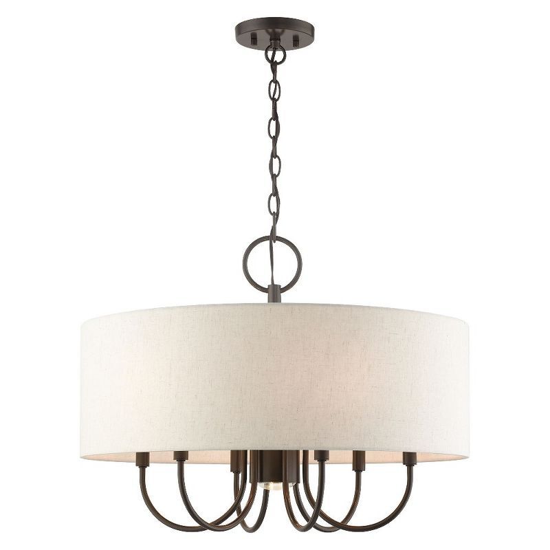 Elegant English Bronze 7-Light Drum Pendant Chandelier with Oatmeal Shade