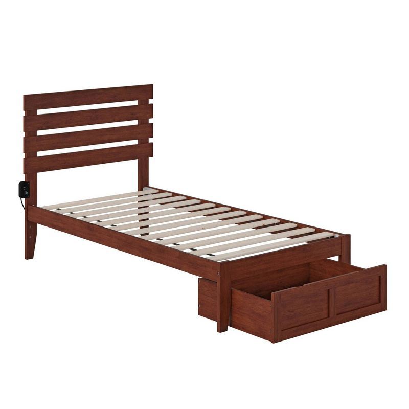 Walnut Twin Wood Platform Bed with Storage Drawer and USB Charger