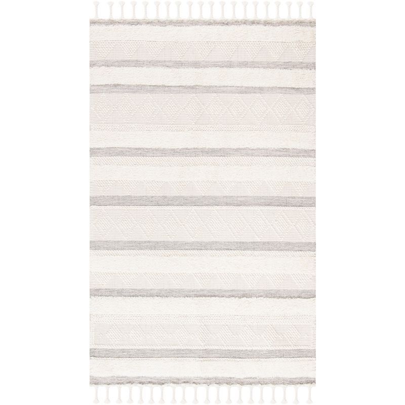 Ivory and Grey Hand-Knotted Wool Striped Area Rug, 3' x 5'