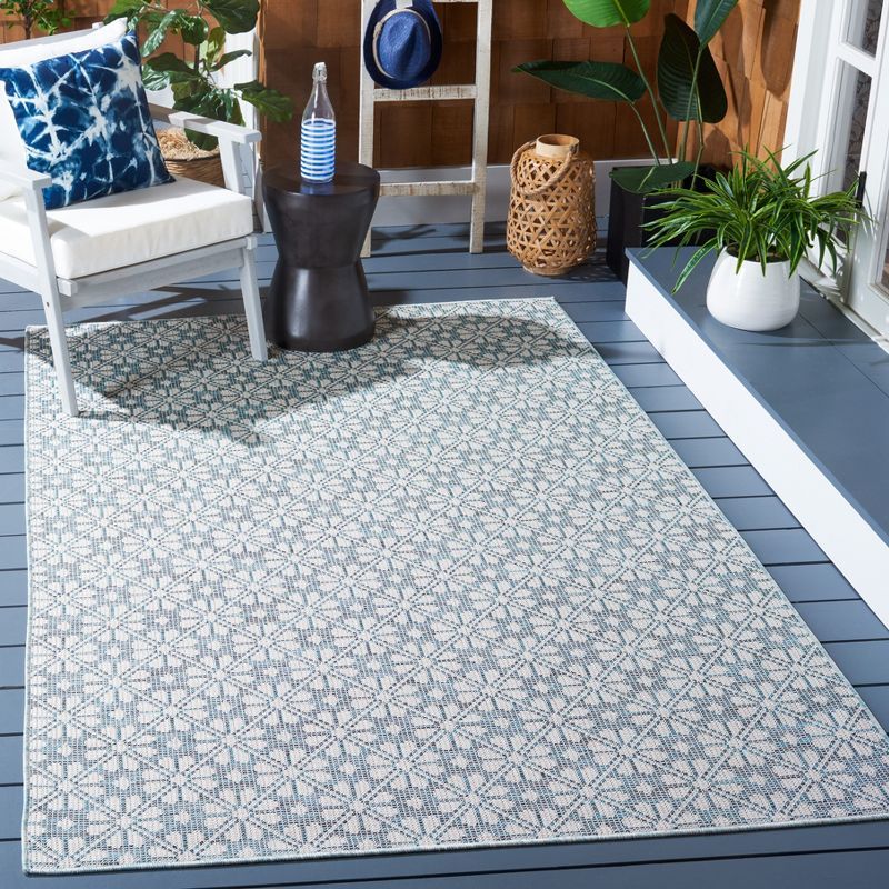 Coastal Charm Blue/Beige Hand-Knotted Square Synthetic Rug