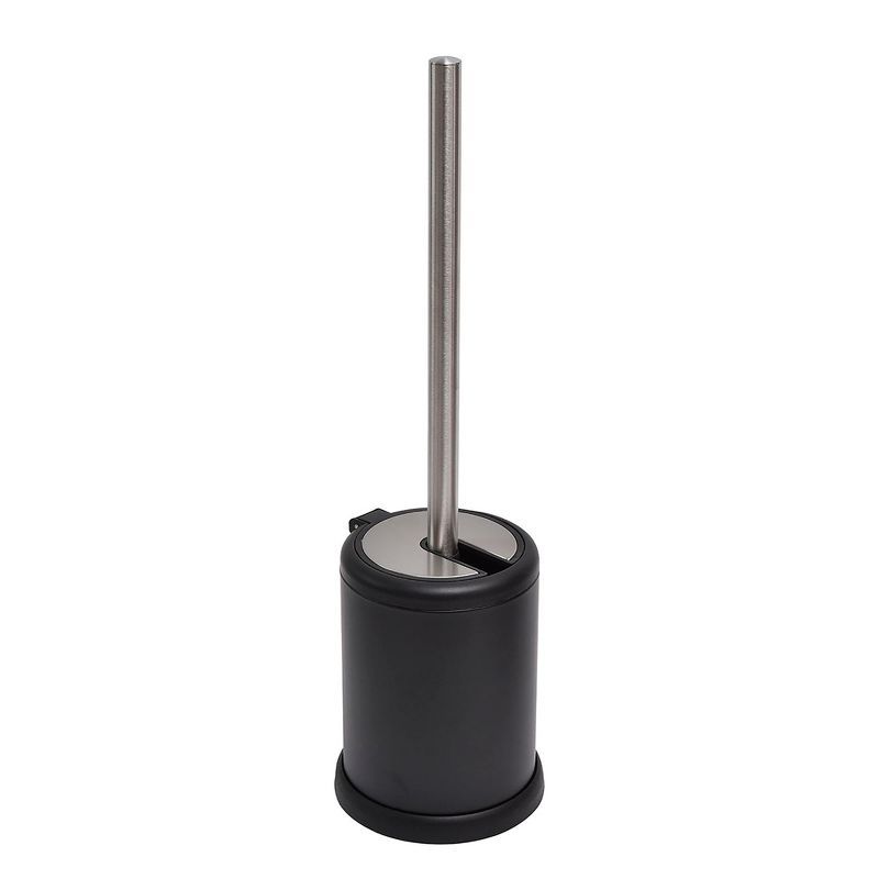 Compact Black and Stainless Steel Toilet Brush Set with Folding Lid