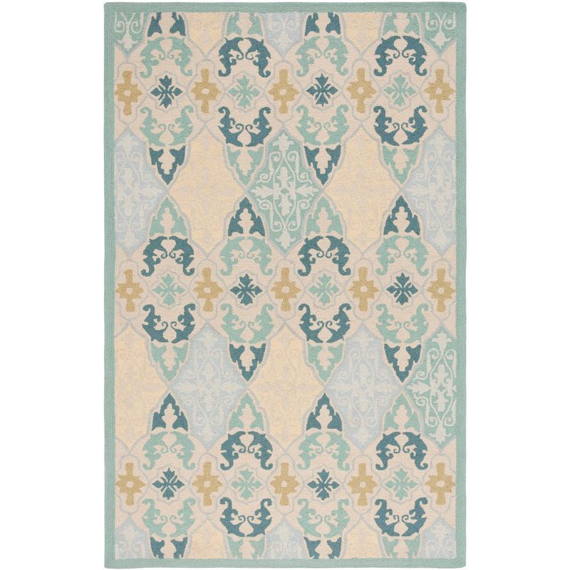 Handmade Ivory Wool Square Area Rug with Floral Design