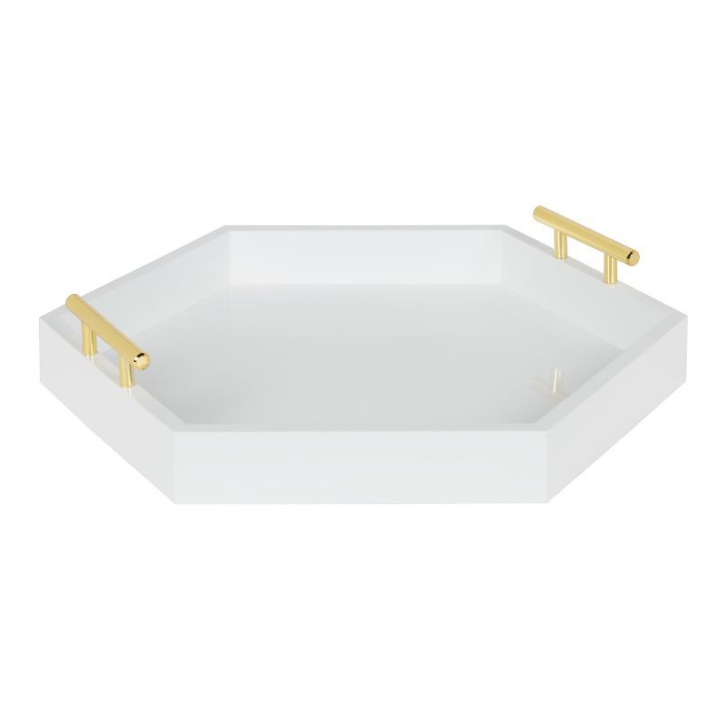 White and Gold Hexagon Decorative Tray with Polished Metal Handles