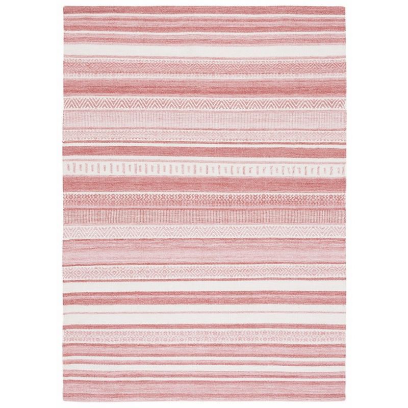 Ivory and Pink Striped Handwoven Wool Area Rug