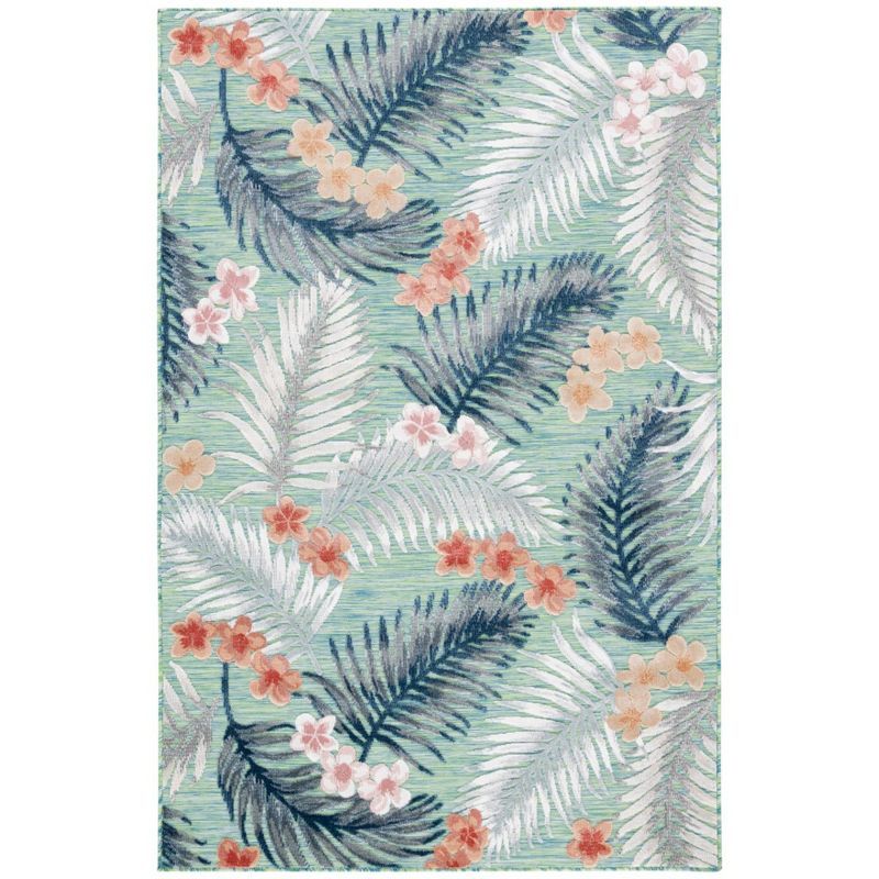 Floral Bliss Green/Navy Synthetic 4' x 6' Easy-Care Outdoor Rug