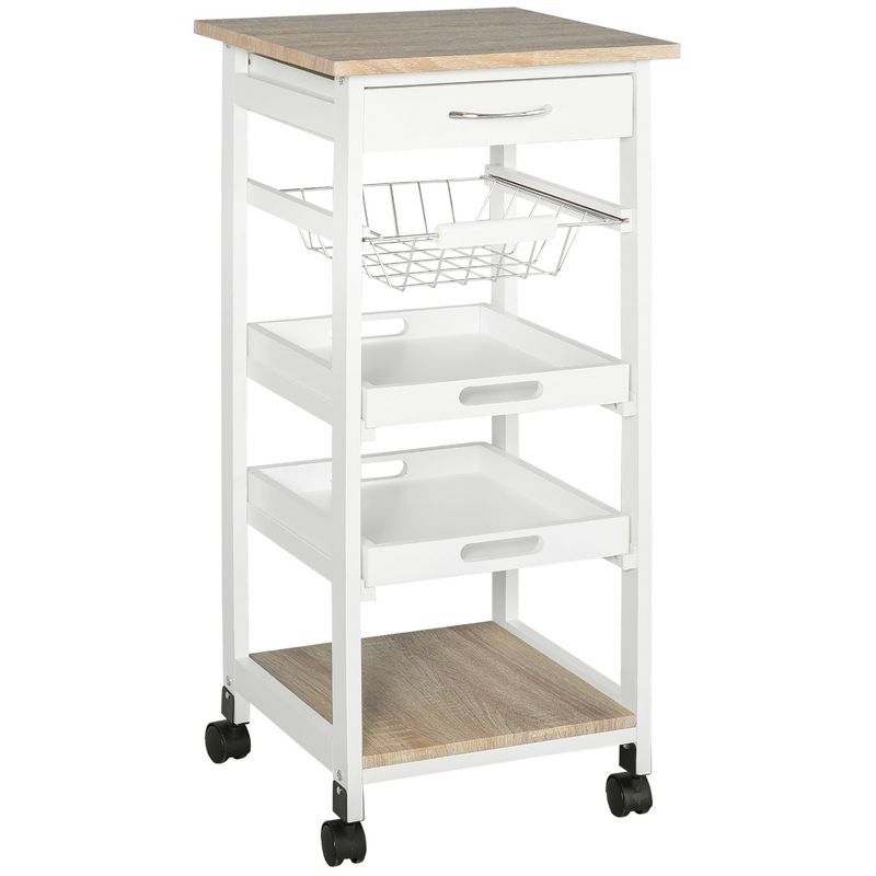 White and Oak Compact Kitchen Cart with Storage and Wheels