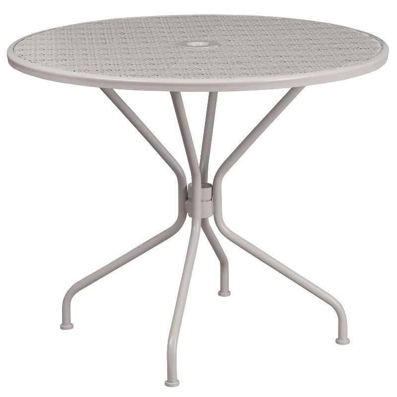 Light Gray Round Steel Indoor-Outdoor Patio Dining Table with Umbrella Hole
