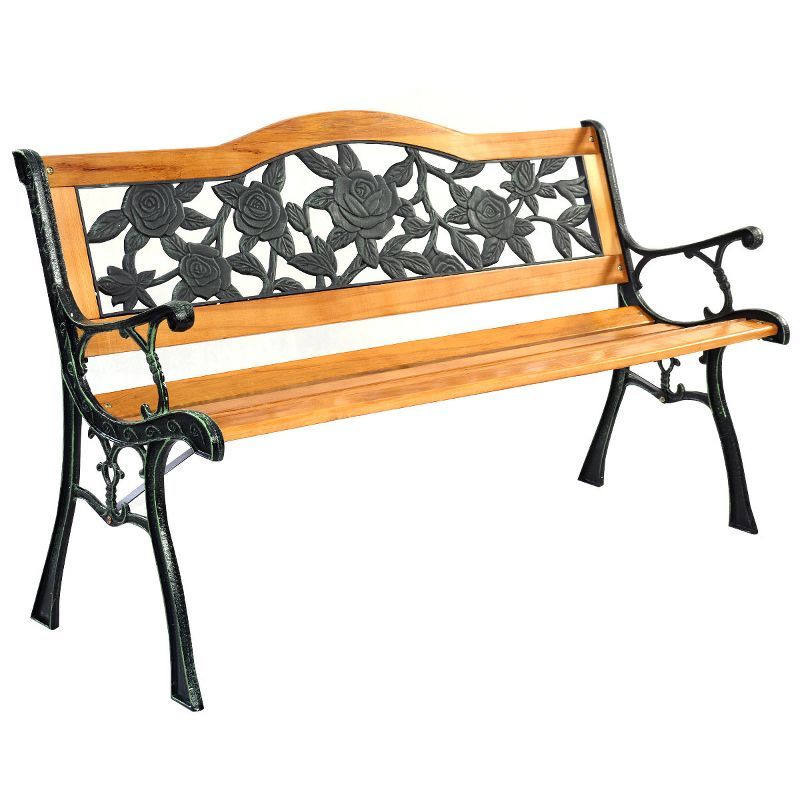 Black and Natural Cast Iron and Wood Garden Bench with Floral Backrest