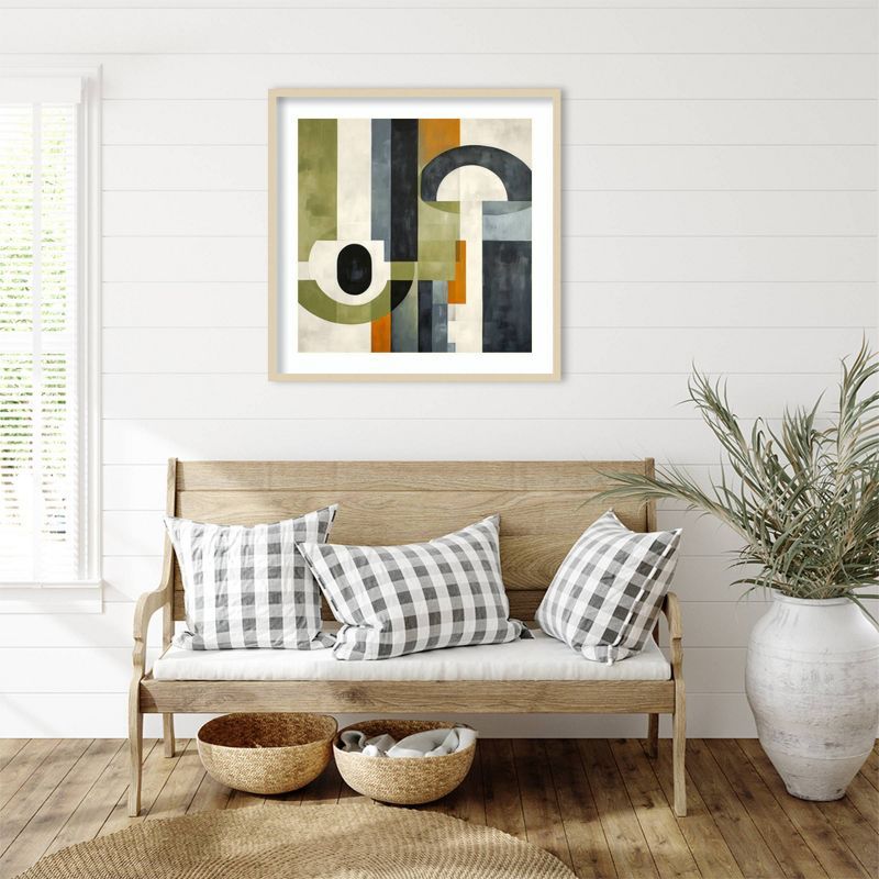 Sage Green and Orange Geometric Abstract 33"x33" Wood Framed Wall Art