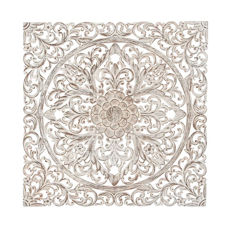 Brown and White Carved Floral Mandala Wood Wall Decor