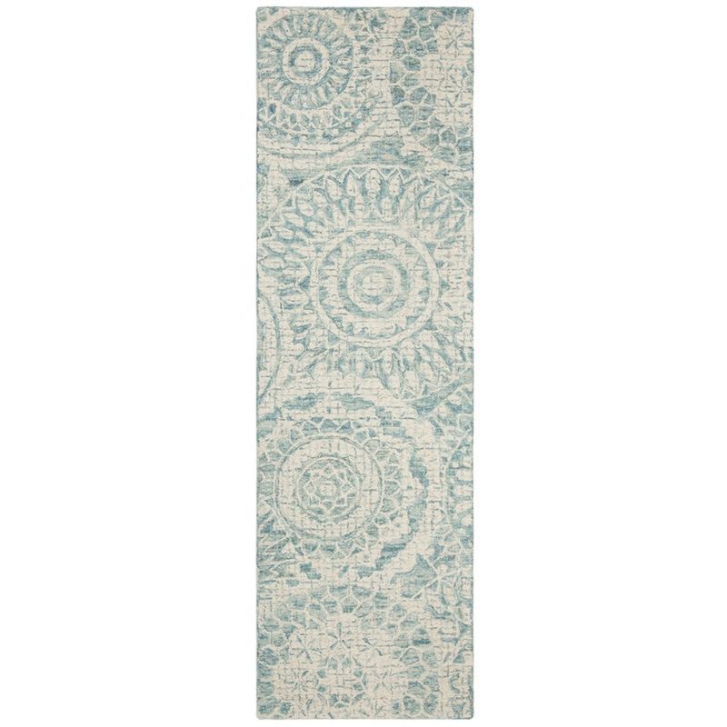 Ivory and Blue Handmade Tufted Wool Abstract Runner Rug