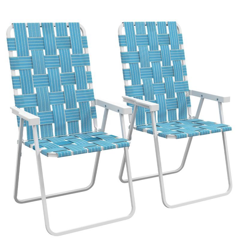 Blue Woven Strap Steel Folding Patio Chairs with Armrests, Set of 2