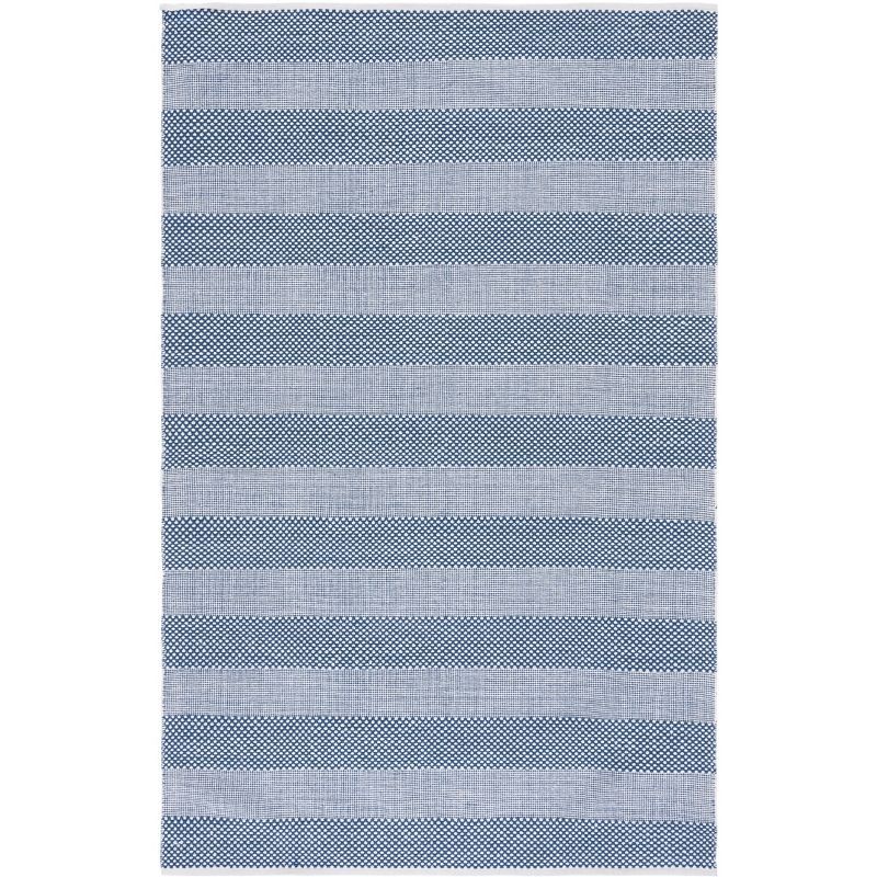 Ivory and Blue Striped Wool Cotton Area Rug