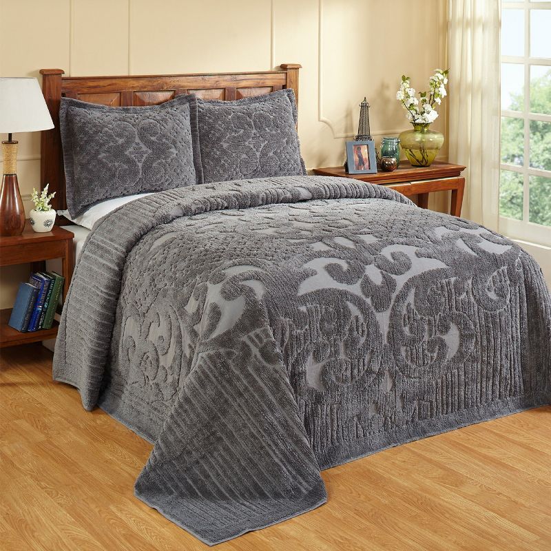 Gray Cotton Chenille Tufted Medallion Queen Bedspread