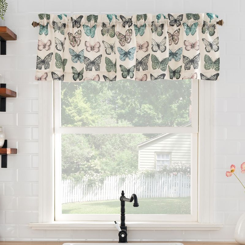 56" x 14" Blue Butterfly Print Sheer Rod Pocket Valance