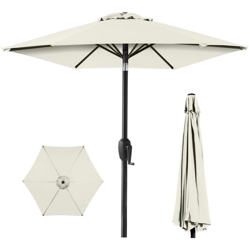 Ivory Hexagon Outdoor Umbrella with Steel Frame and Crank Lift