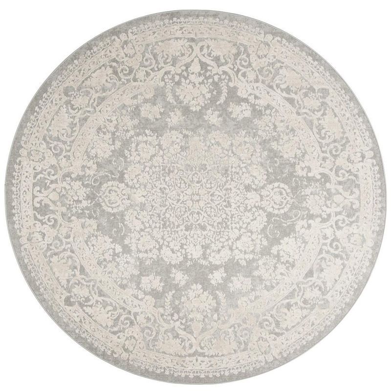 Round Light Grey Cream Floral Synthetic Area Rug