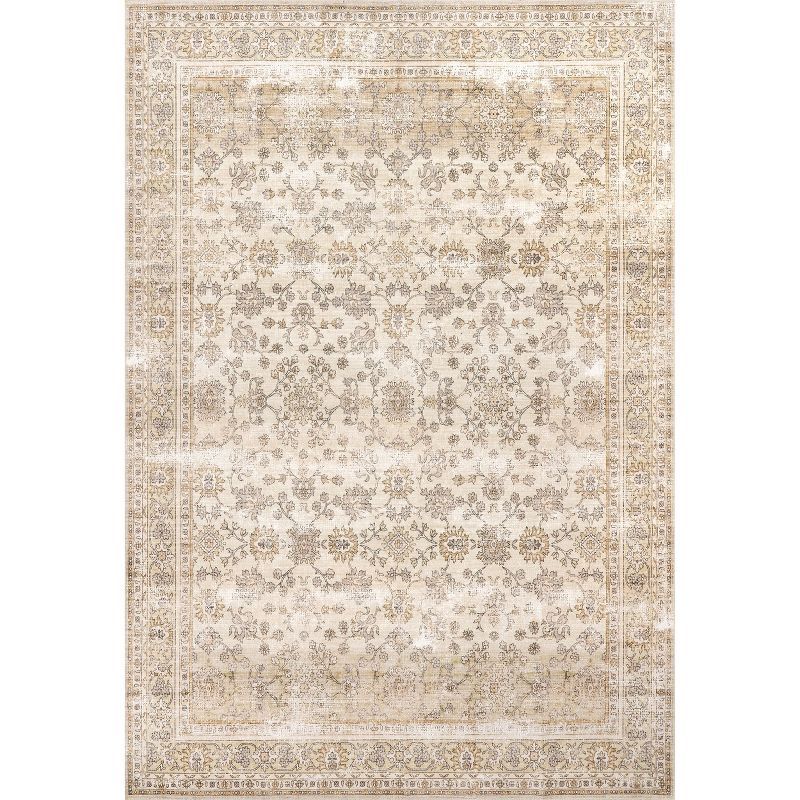 Ivory Floral Round Washable Stain-Resistant Area Rug