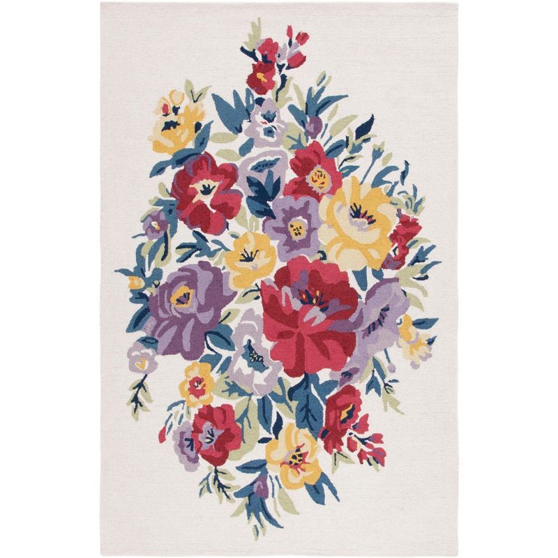 Ivory and Rose Floral Handmade Wool 5' x 8' Area Rug