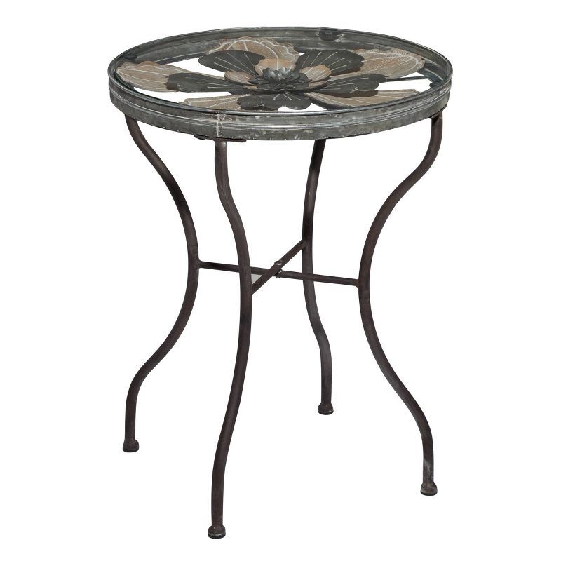 Round Weathered Metal and Glass Floral Accent Table