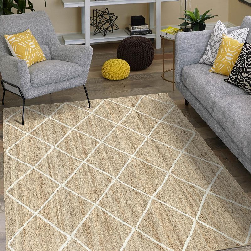 Handmade White and Natural Jute Trellis Rug