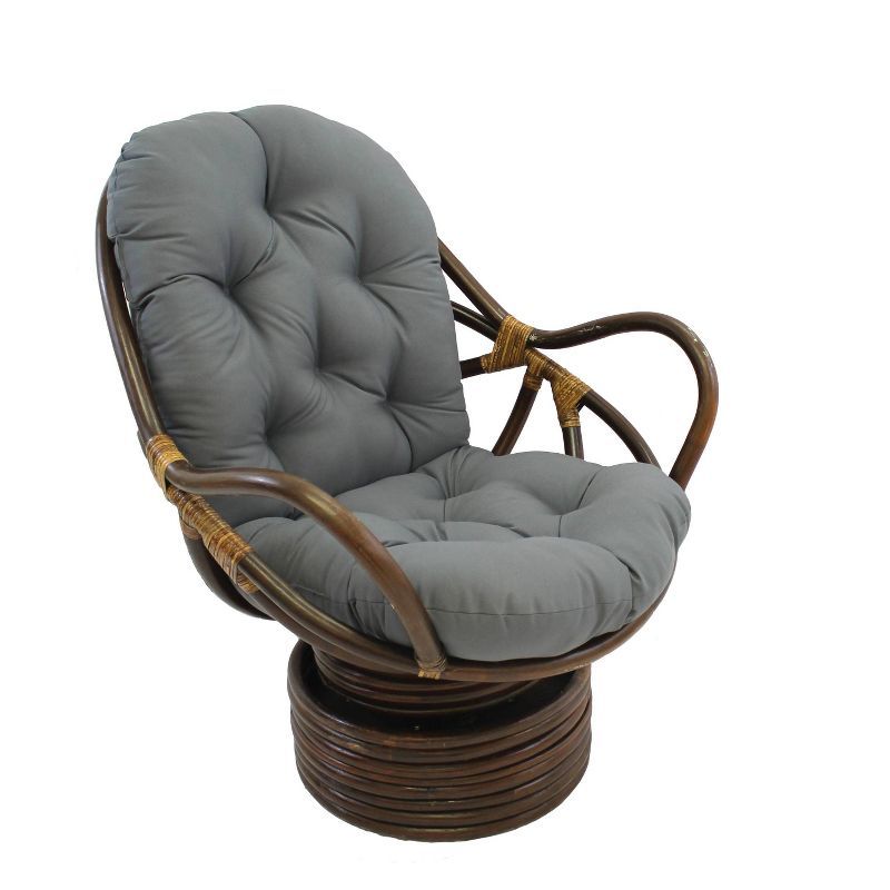 Bohemian Walnut Finish Rattan Swivel Rocker with Gray Twill Cushion