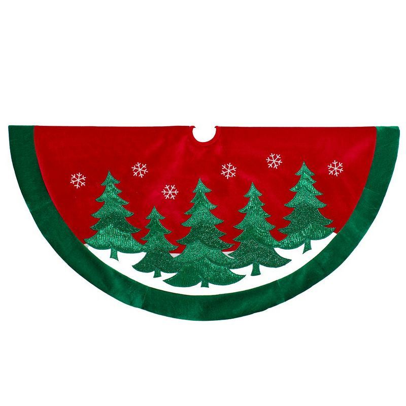 48-Inch Red Velvet Tree Skirt with Green Trees