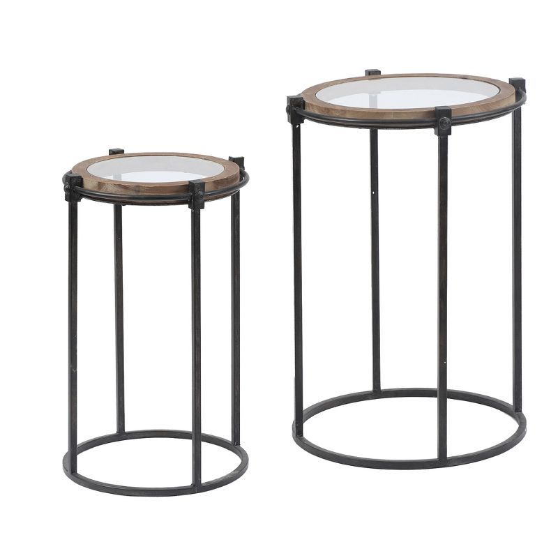 LuxenHome 2-Piece Black Metal and Glass Round Accent Tables