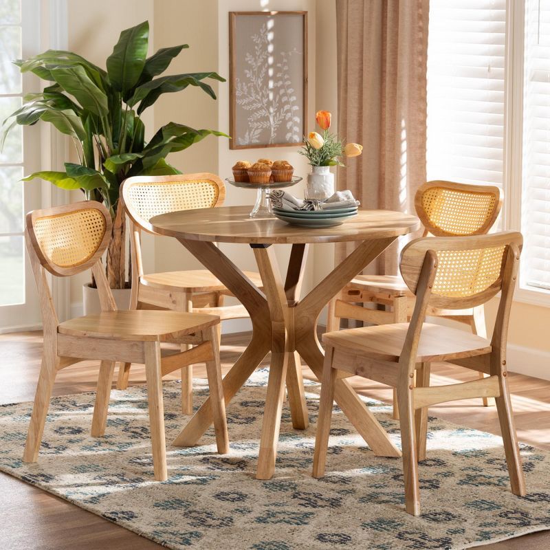 Oak Brown Wood and Rattan 5-Piece Dining Set with Round Table