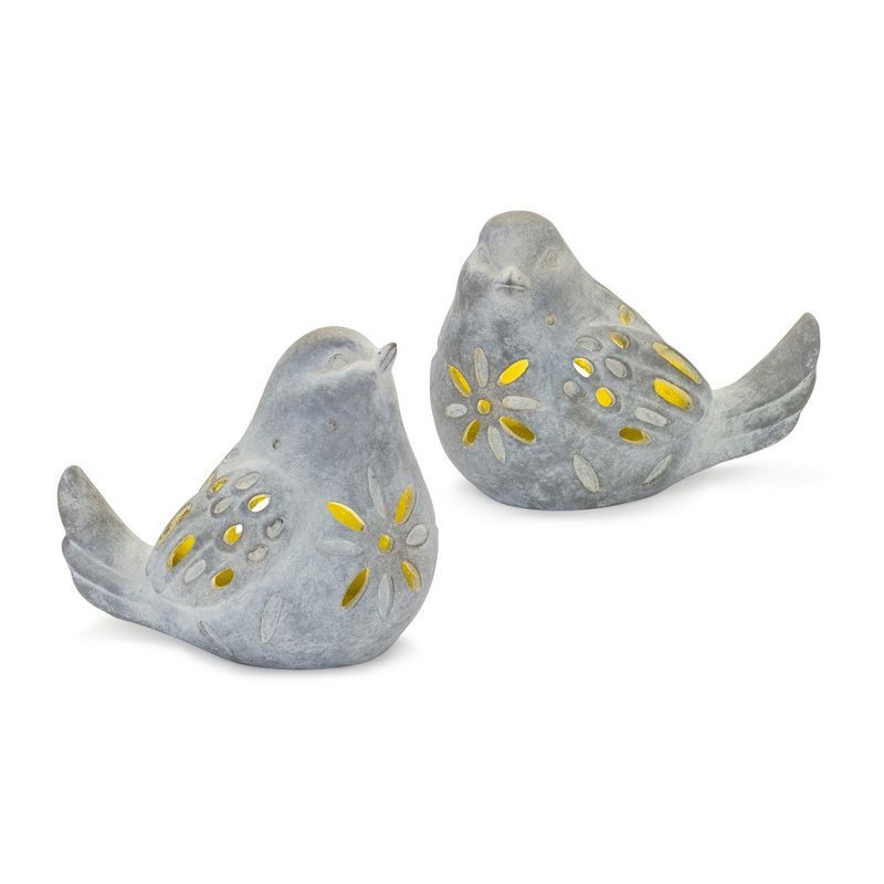 Gray Resin LED Lighted Bird Figurine Set