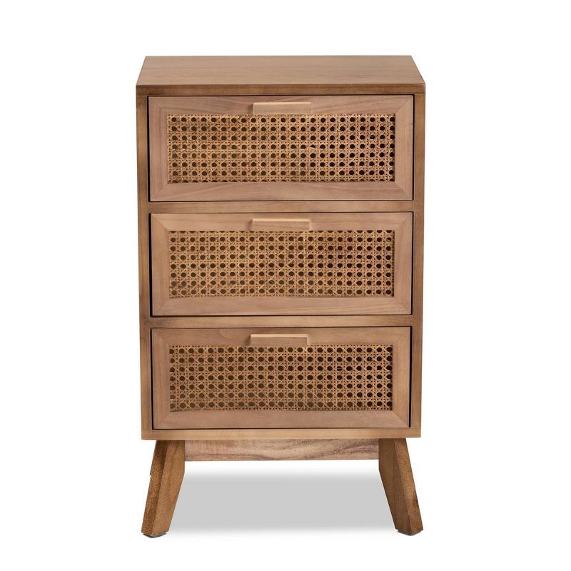 Walnut Brown Wood 3-Drawer Accent Table with Rattan