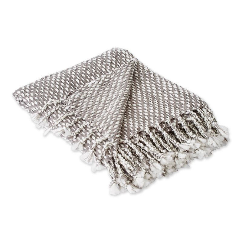 Gray and White Cotton Textured Throw Blanket with Fringe