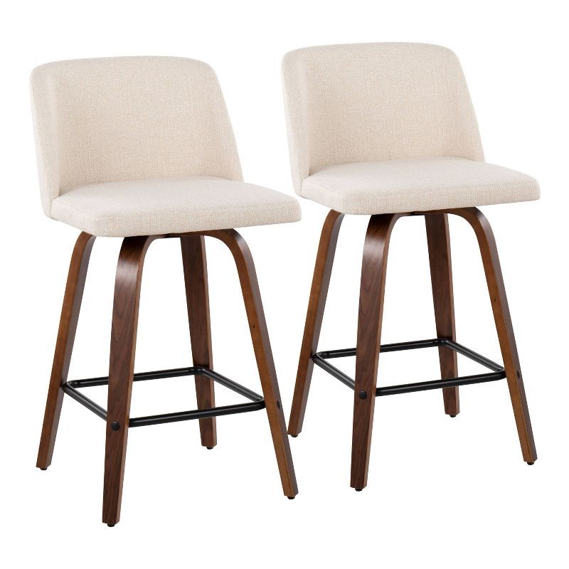 Set of 2 Walnut Wood and Cream Upholstered Swivel Counter Stools