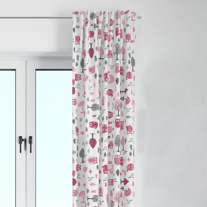 Gray and Pink Owl Print Cotton Rod Pocket Curtain Panel