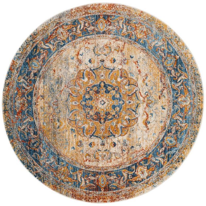 Vintage Blue Round Synthetic Easy Care Area Rug