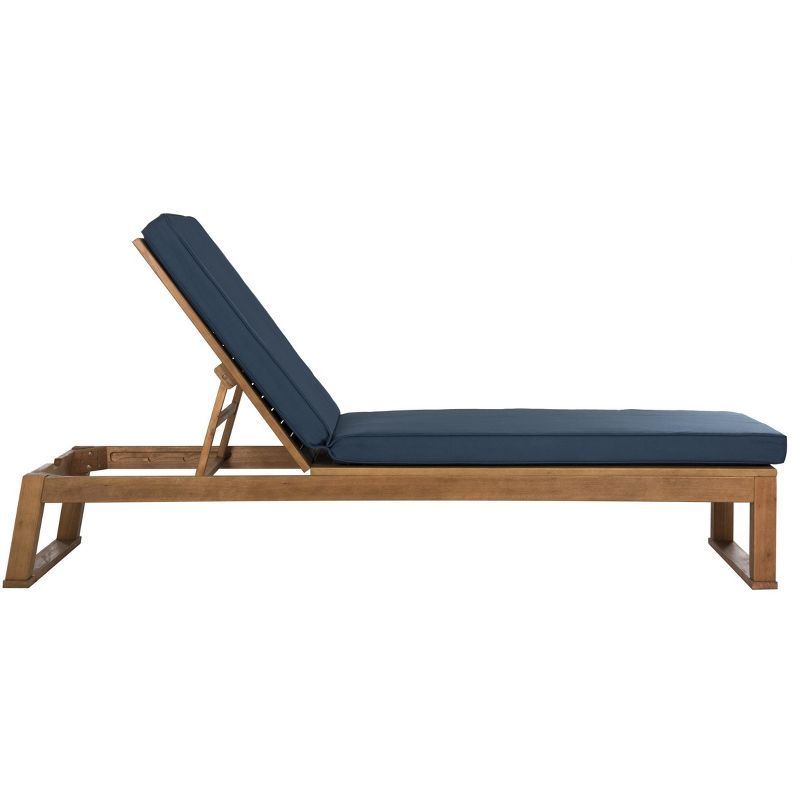 Natural Brown Wood Outdoor Chaise Lounge with Navy Cushions
