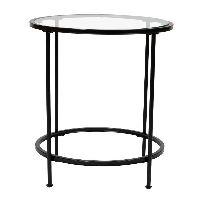 Round Clear Glass End Table with Matte Black Metal Frame