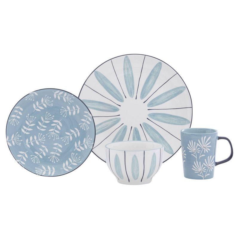 Blue and White Ceramic 16-Piece Dinnerware Set with Graphic Detail