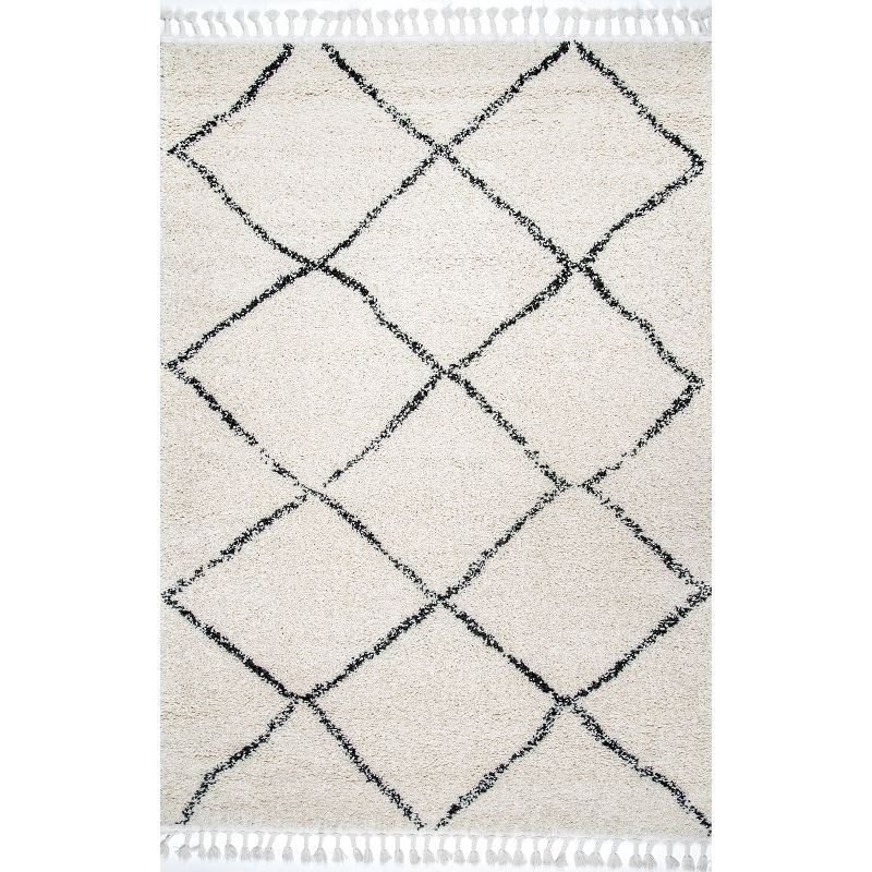 Off-White Braided Shag Square Area Rug with Tassels, 6'x6'