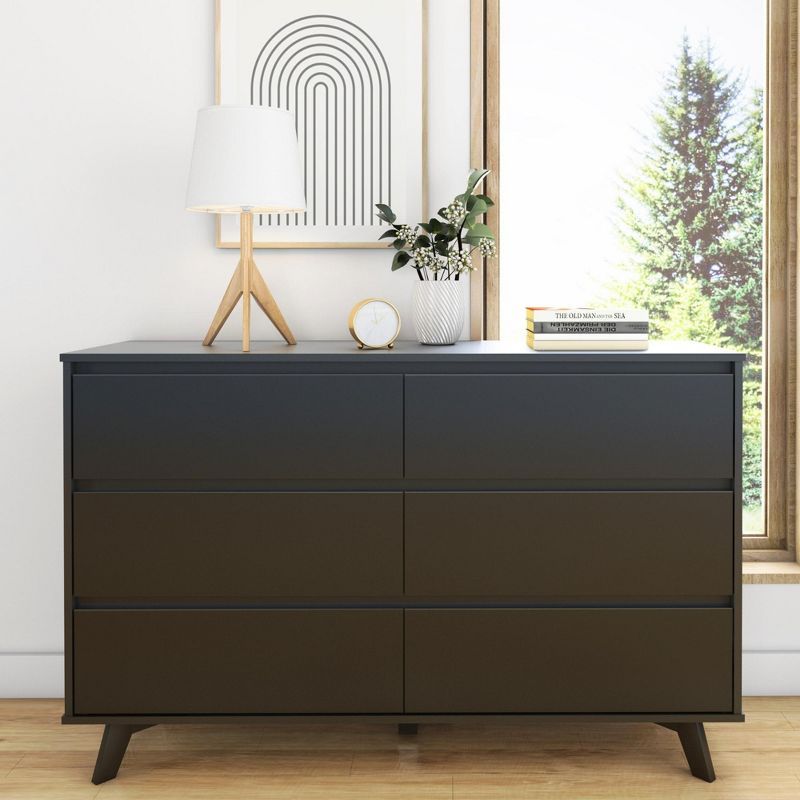 Black Solid Wood Scandinavian 6 Drawer Dresser with Extra Deep Drawer