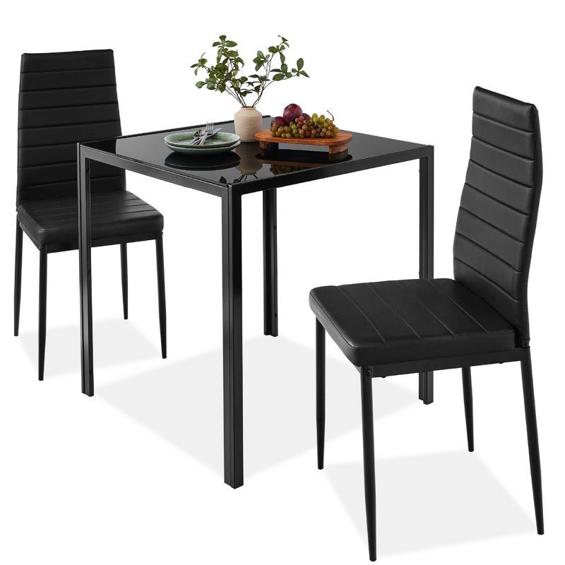 Black 3-Piece Glass Dining Set with PU Leather Chairs