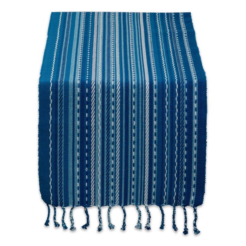 Blue Tonal Stripe Cotton Table Runner with Fringe, 14x72