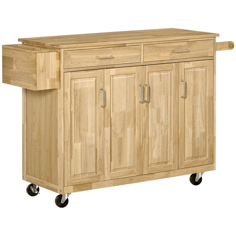 Natural Wood Kitchen Cart with Drawers and Spice Rack